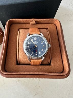 Shinola Detroit Runabout Bourbon Leather Strap Watch blue dial $625